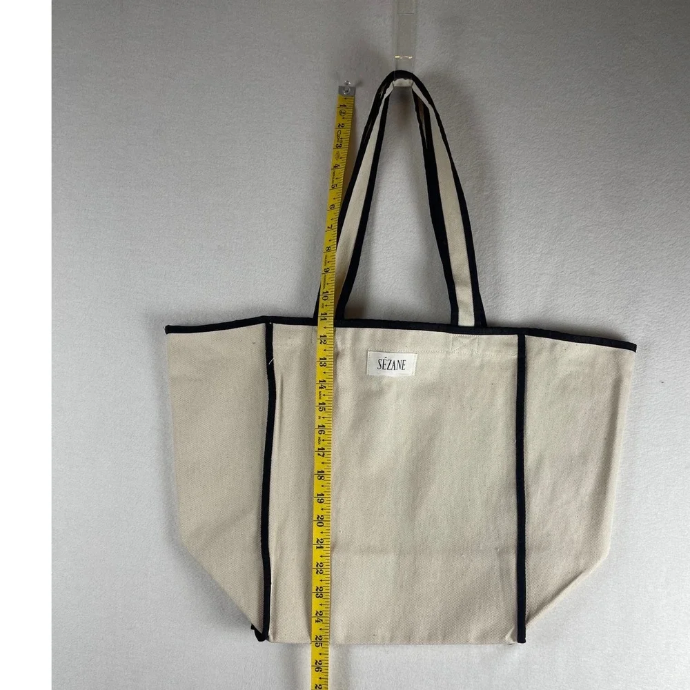 Sezane Canvas Tote Bag Cream Ecru Black Contrast Trim Oversized Shopper Bag